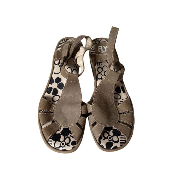 Fly London Low Wedge Slingback Sandals size 39 US 8 8.5 Taupe Open Toe - Picture 1 of 7